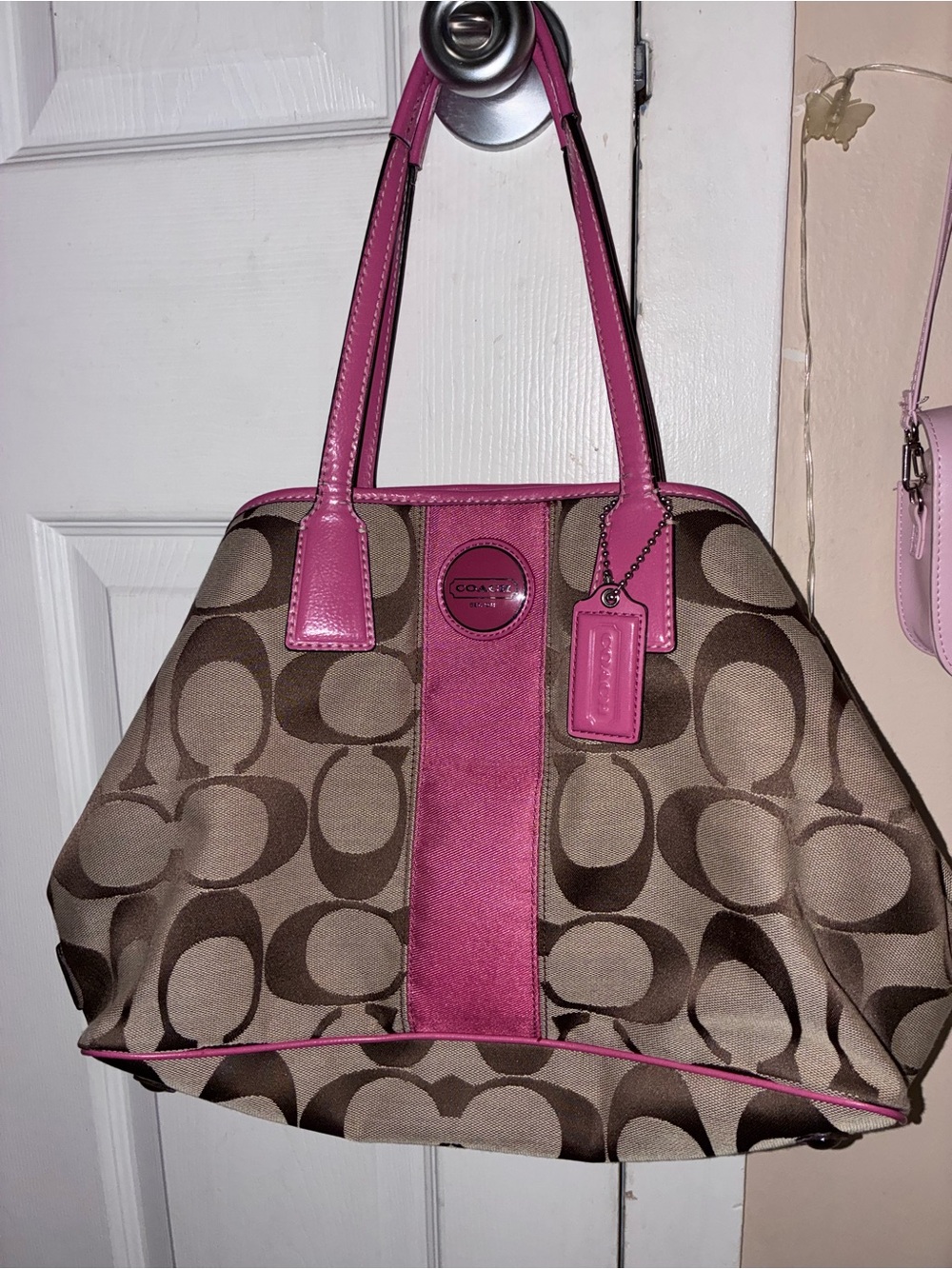 Coach Brown Signature Canvas Tote with Pink Trim